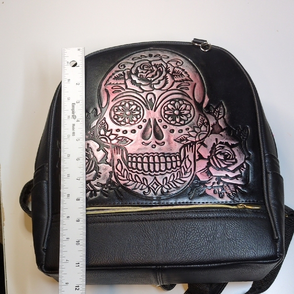 Black Leather Sugar Skull Dia De Los Muertos Mini Backpack - Picture 2 of 9